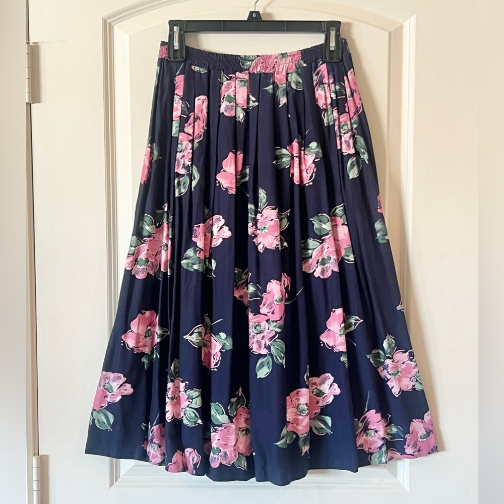 Vintage Navy & Pink Floral Pleated Full Midi Skirt